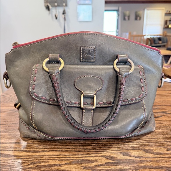 Dooney & Bourke Handbags - Dooney & Bourke Olive Leather Satchel with Burgundy Trim and Brass Hardware